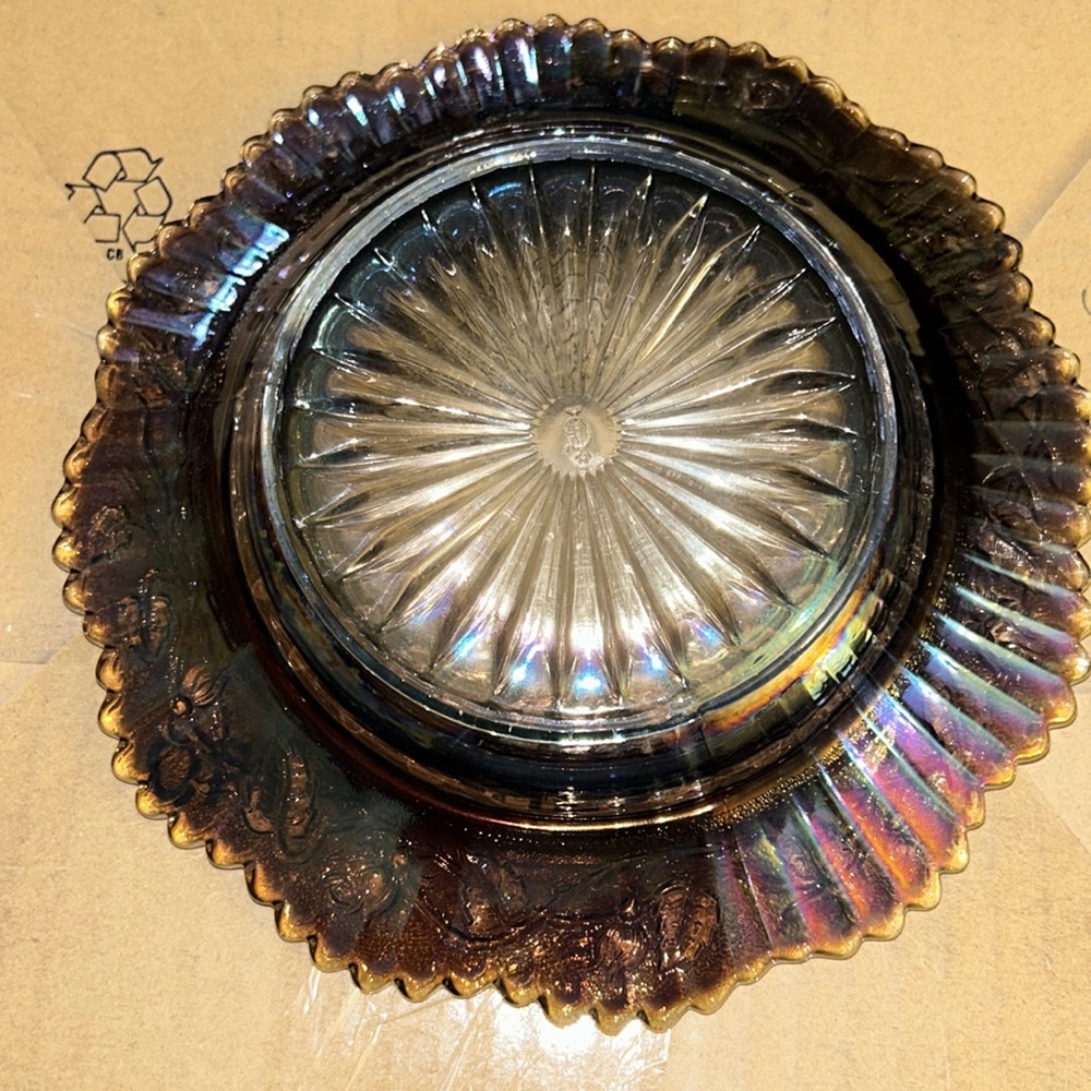 Imperial Glass Co. Lustre Rose Pattern Carnival Glass Round Butter Dish - Picture 5 of 10